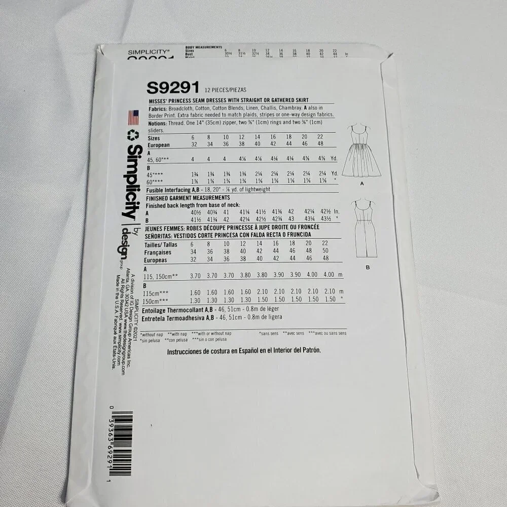 Simplicity S9291 Womens Sewing Pattern E5 Size 14-22 Misses Princess Seam Dress